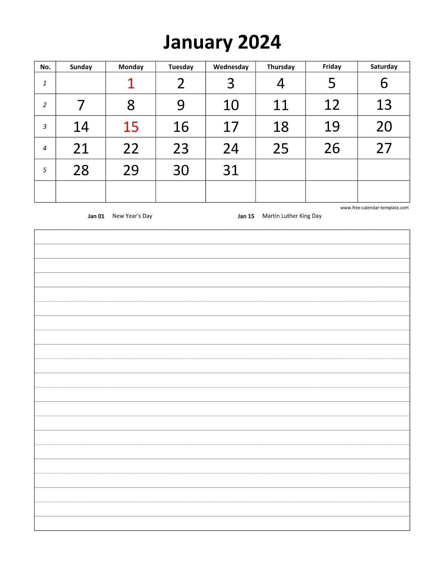 calendar with notes template