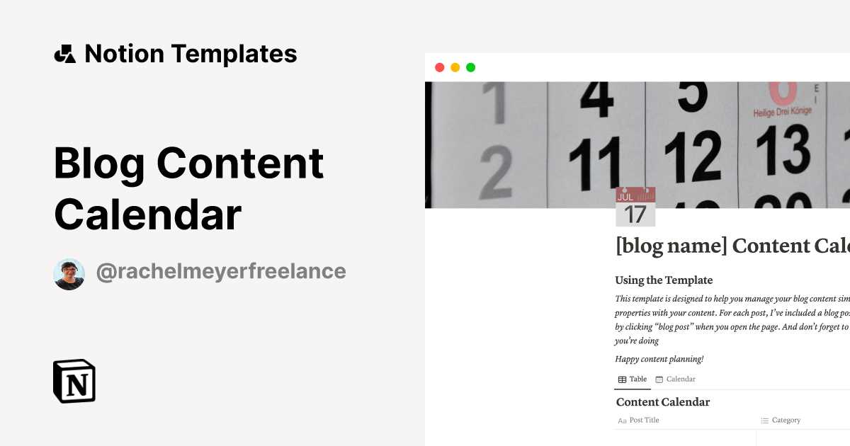 content calendar notion template free