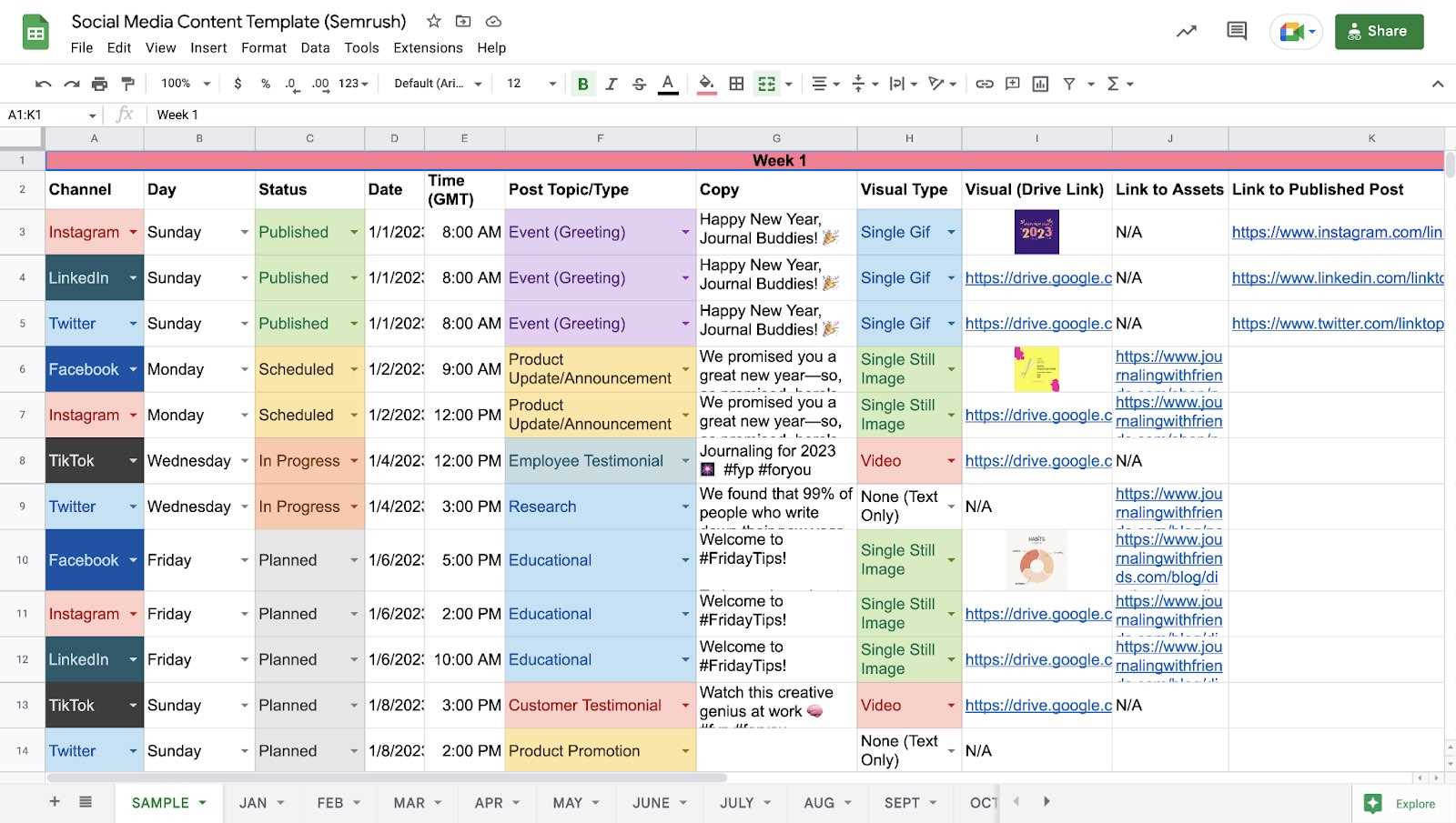 content calendar template for social media