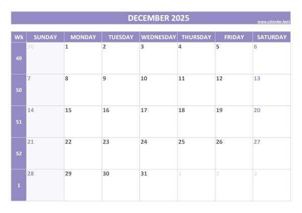 december calendar template 2026