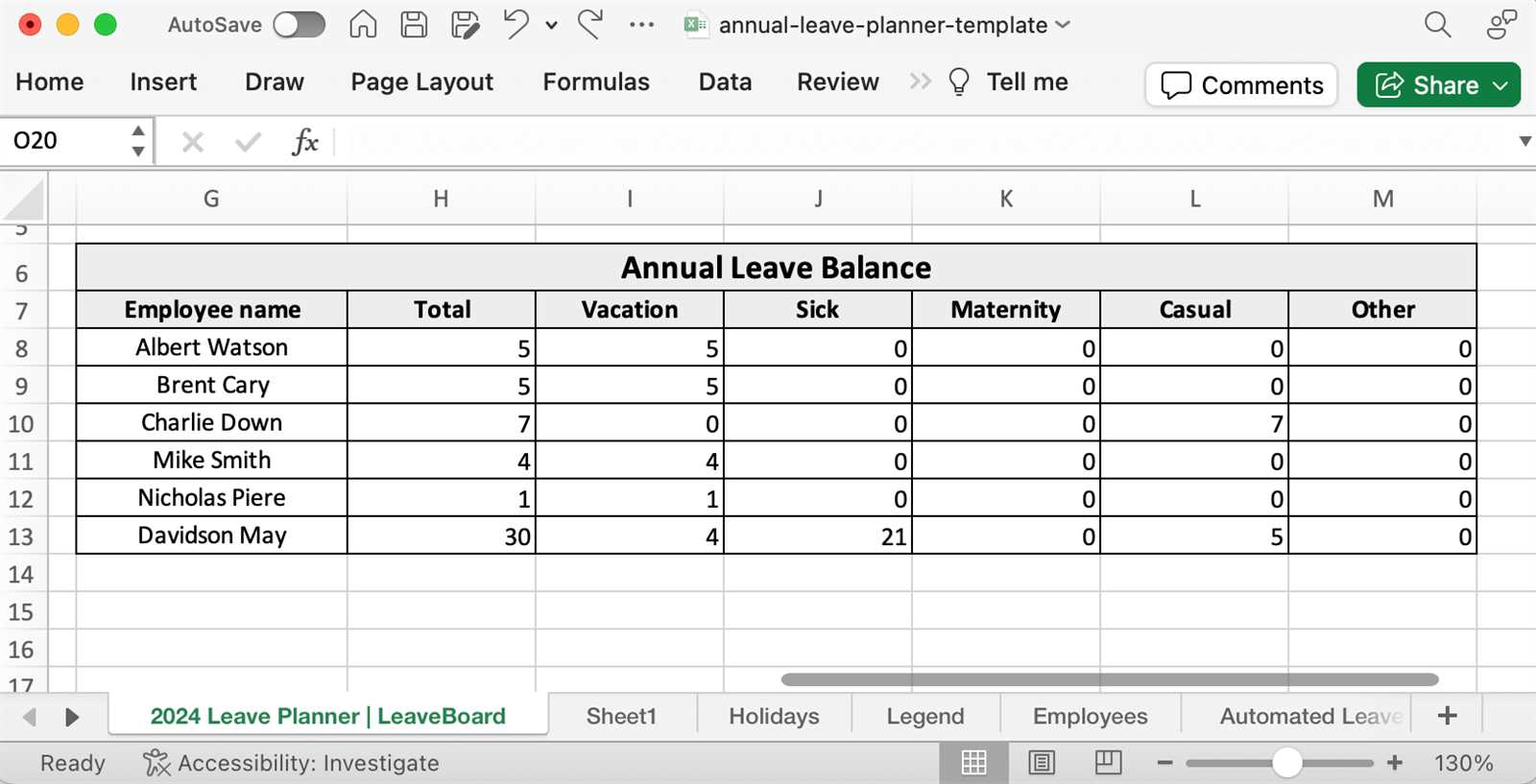 employee absence calendar template