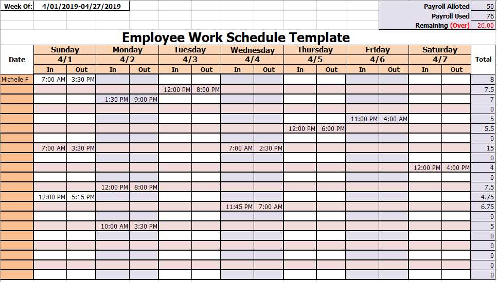 employee work calendar template