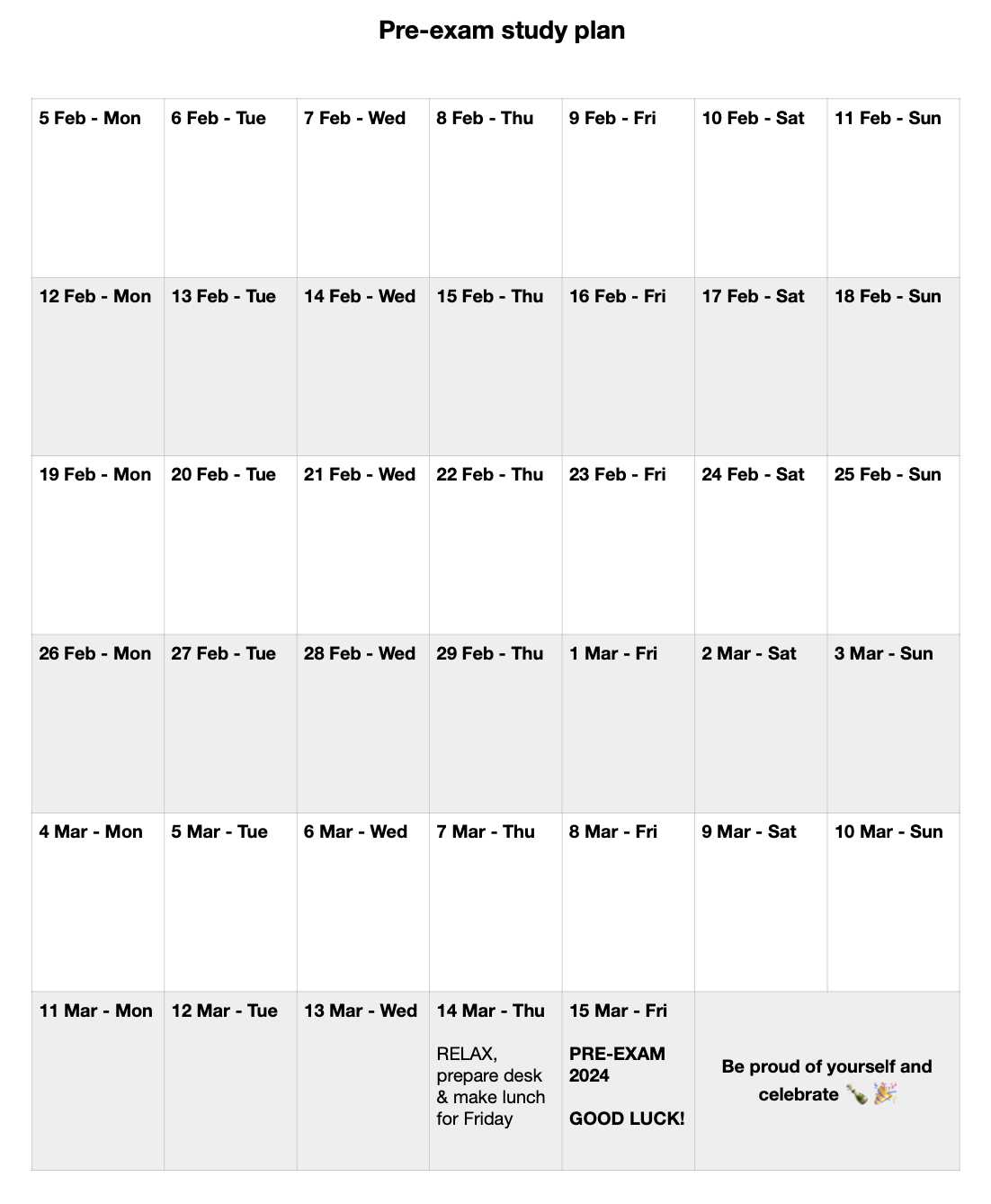 exam calendar template