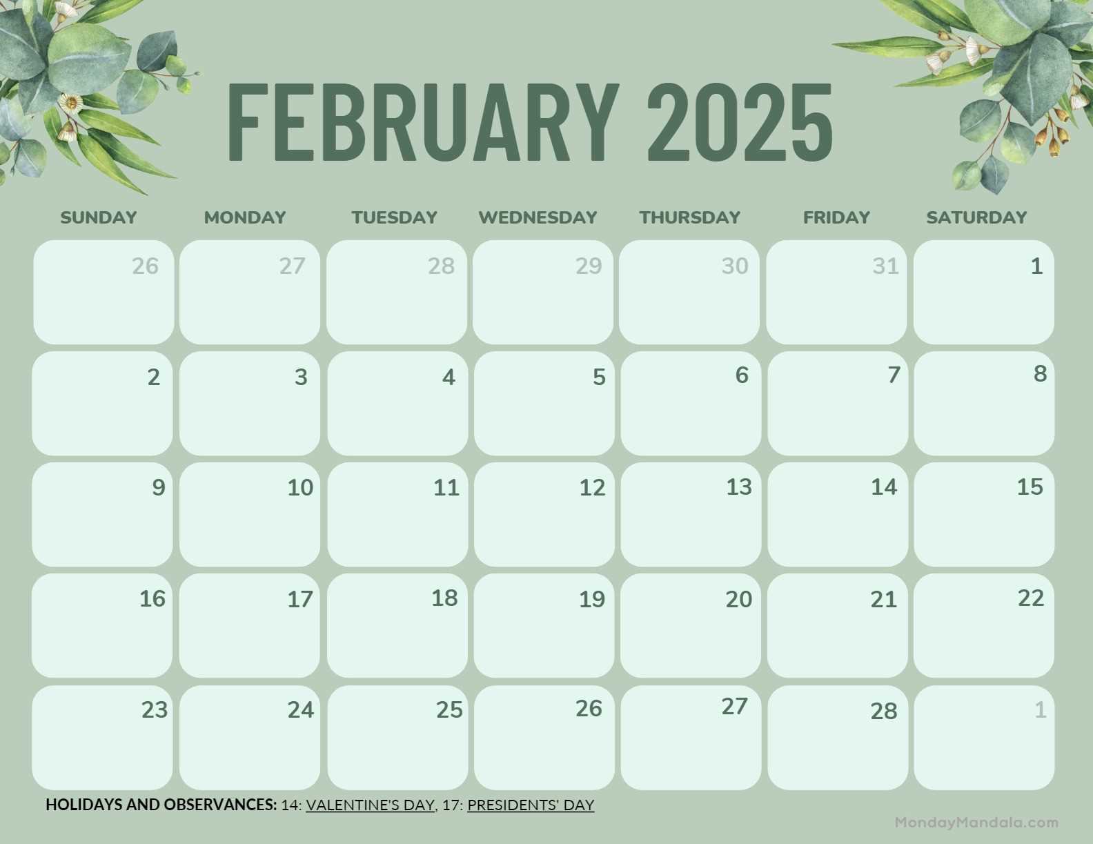 february 2025 blank calendar template