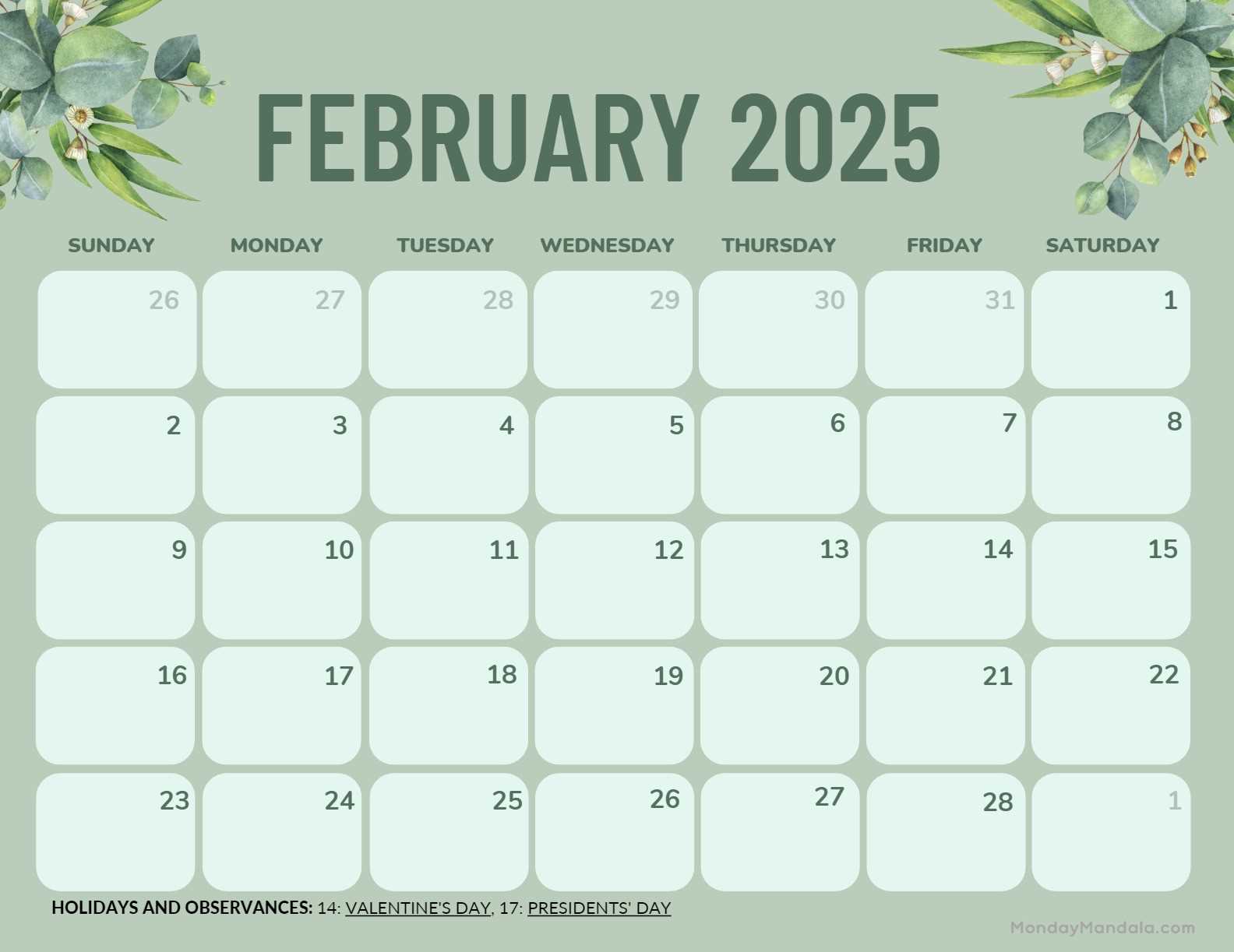 february 2026 blank calendar template