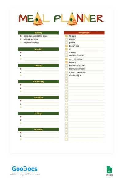 food menu calendar template