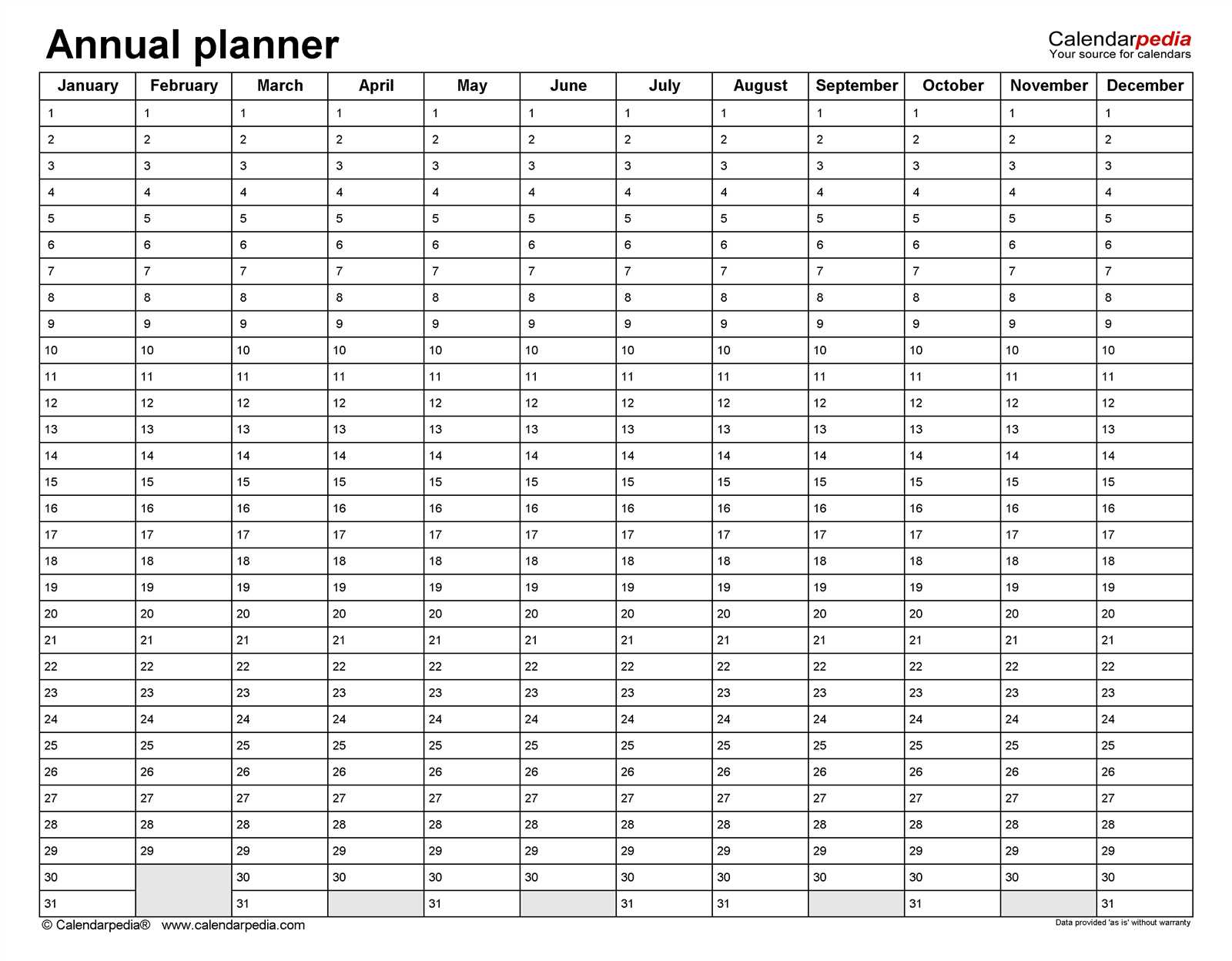 free annual calendar template