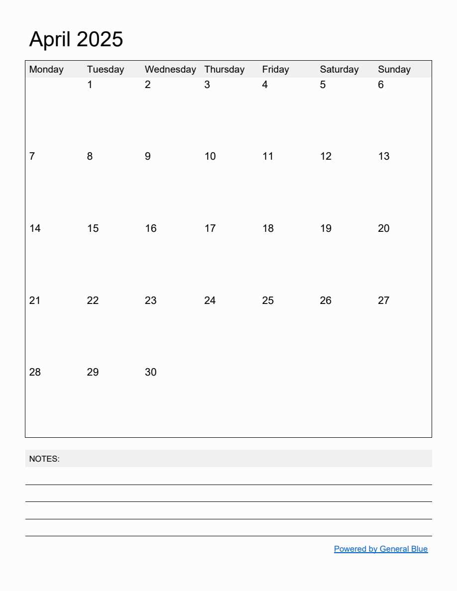 free april 2025 calendar template