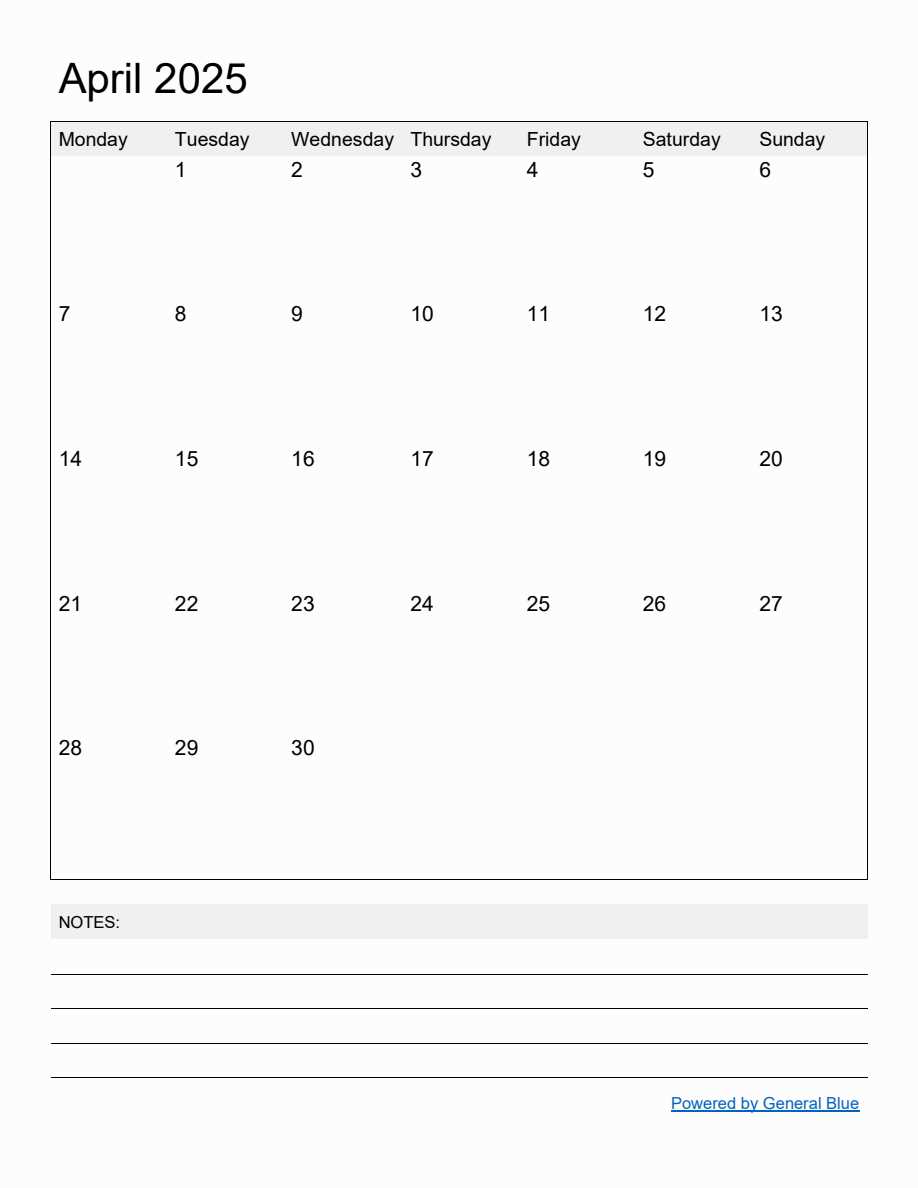 free april 2026 calendar template