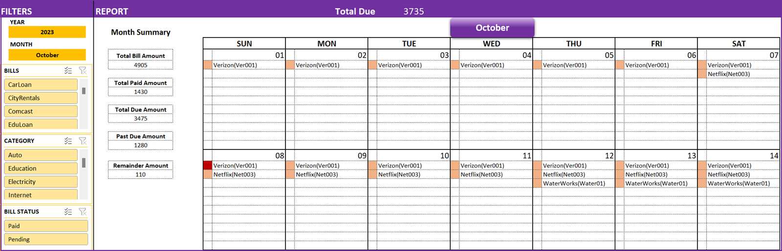 free bill payment calendar template