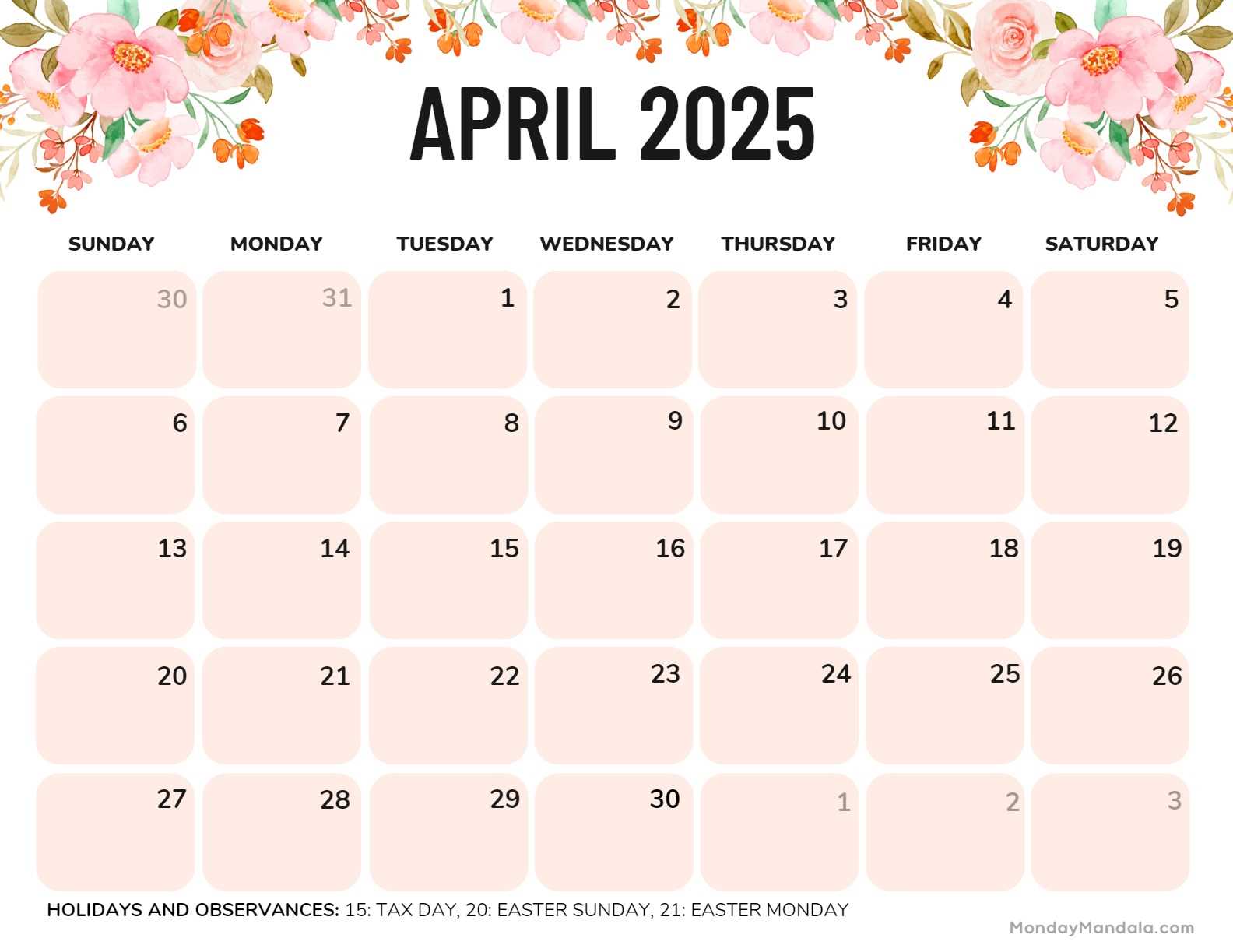 free calendar template 2026 april
