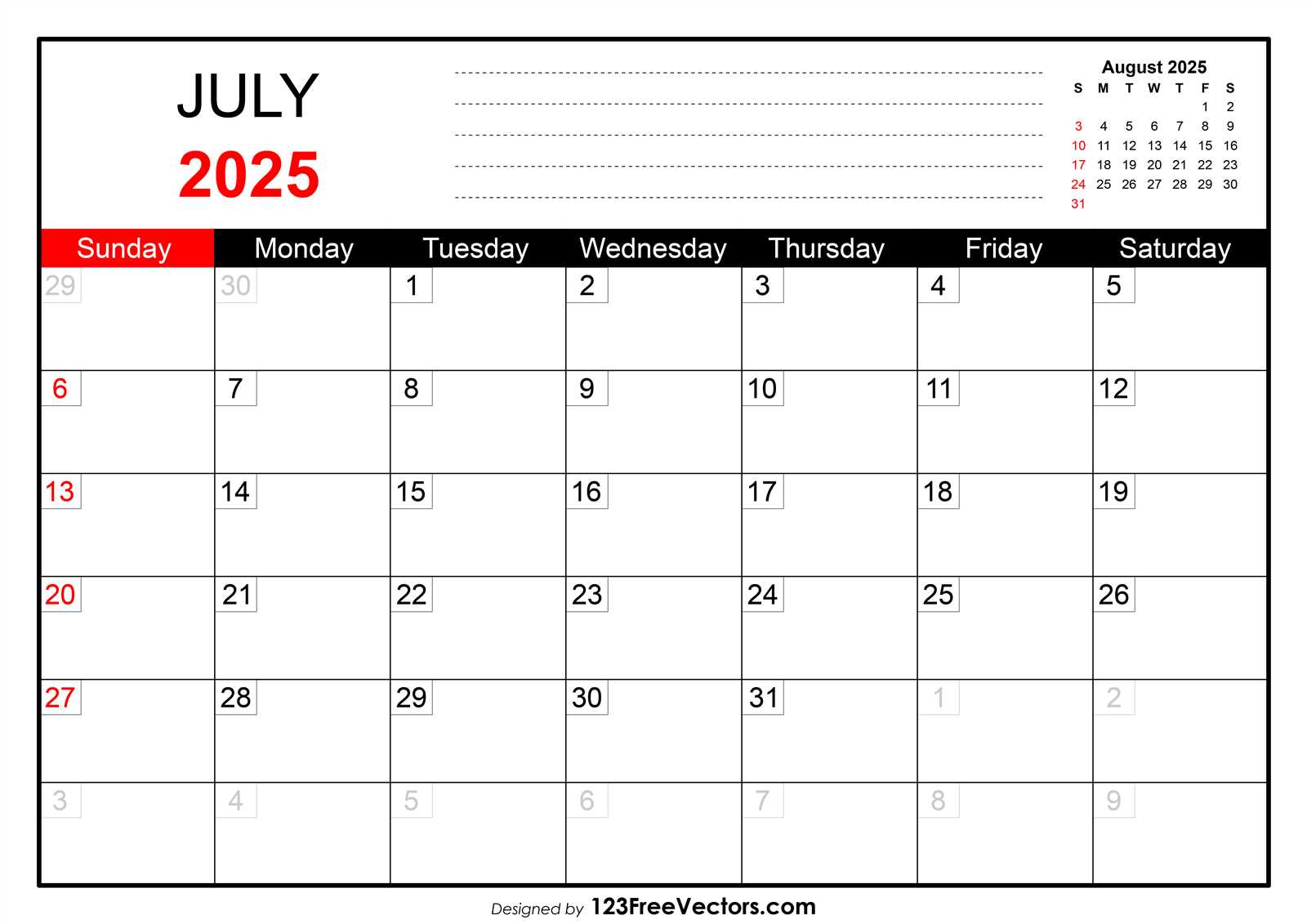 free calendar template july 2025