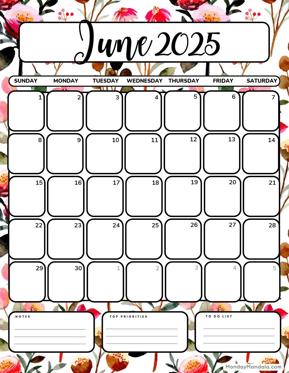 free calendar template june 2025