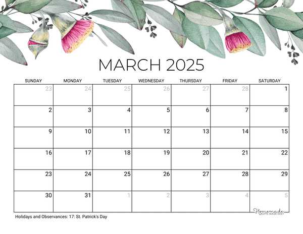 free calendar template march 2025