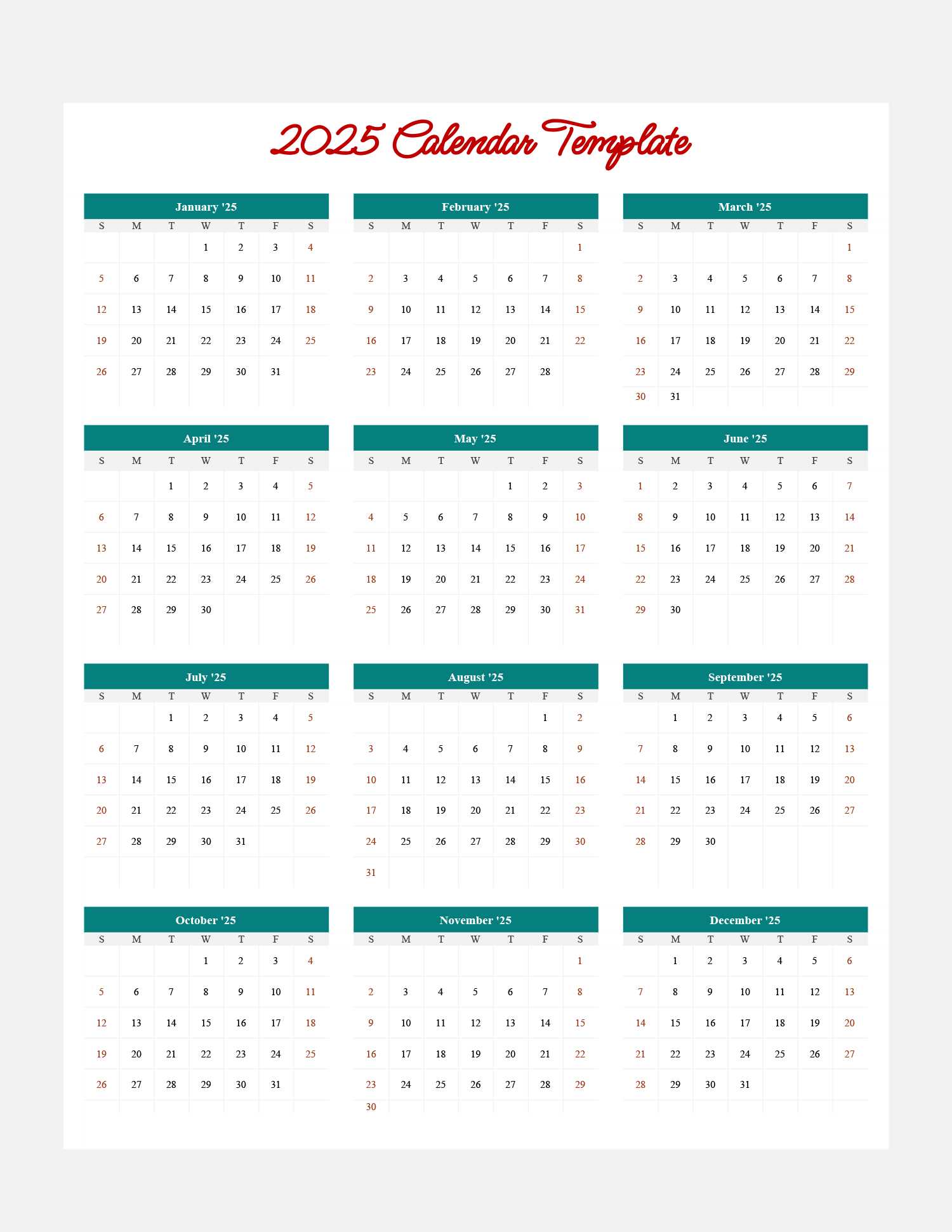 free customizable calendar template 2025