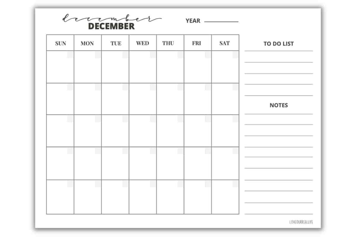 free december calendar template