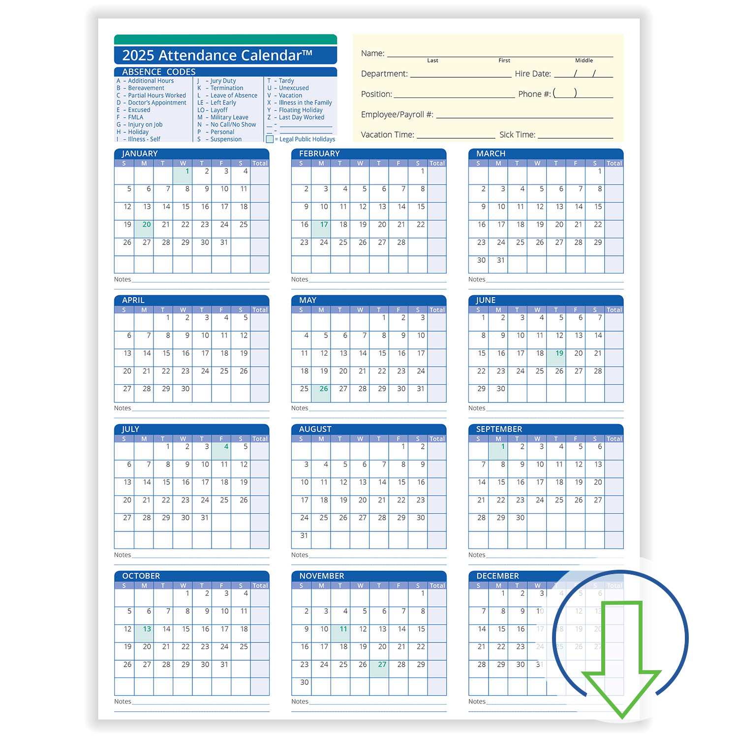 free employee attendance calendar template