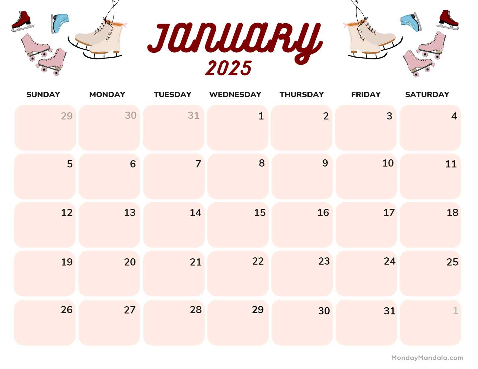 free january calendar template 2025