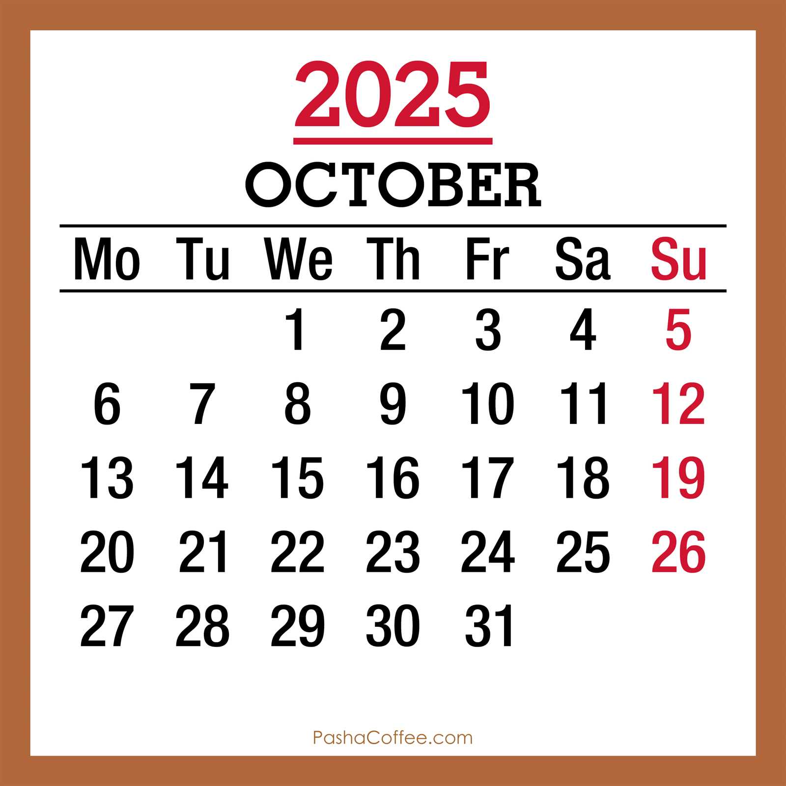 free monthly calendar template october 2025