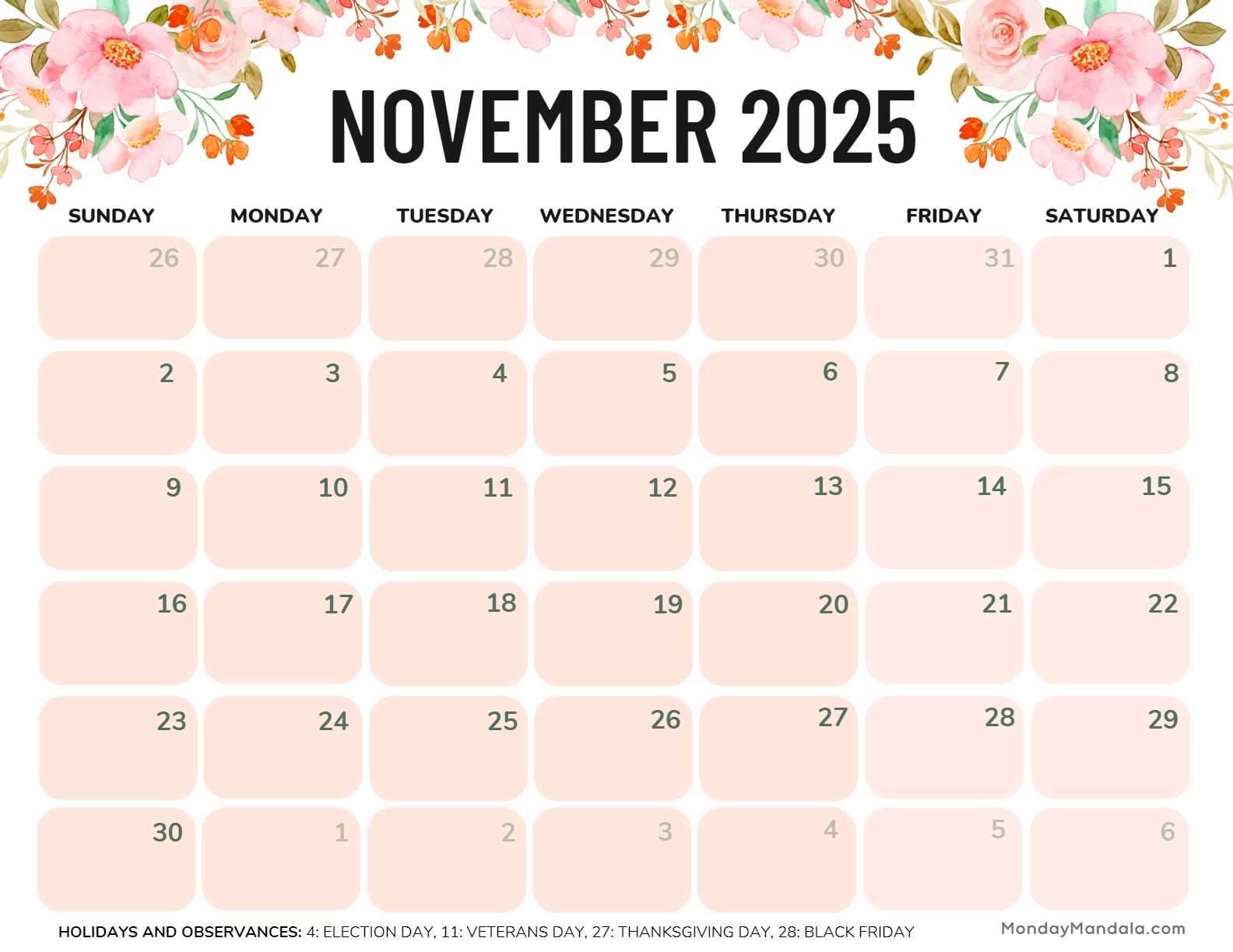 free november calendar template 2026