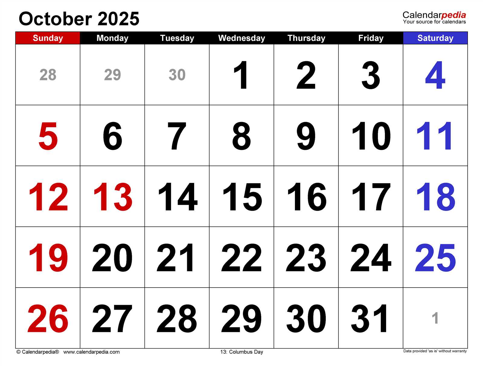 free october calendar template 2026
