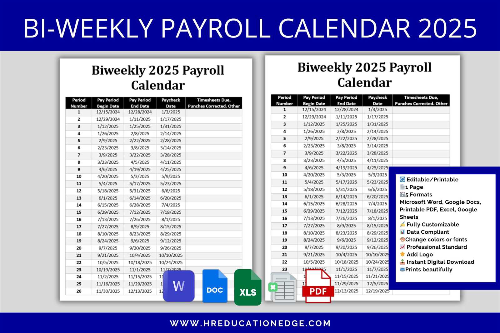 free printable 2025 biweekly payroll calendar template