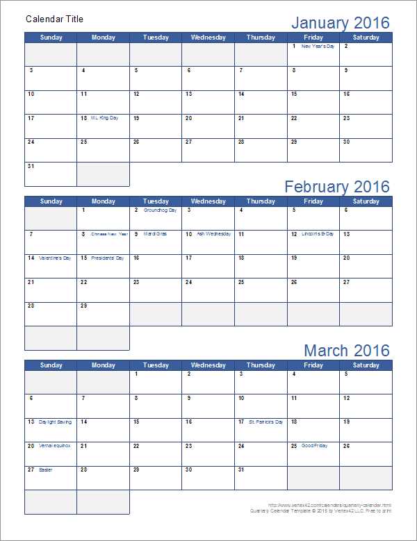 free printable quarterly calendar templates