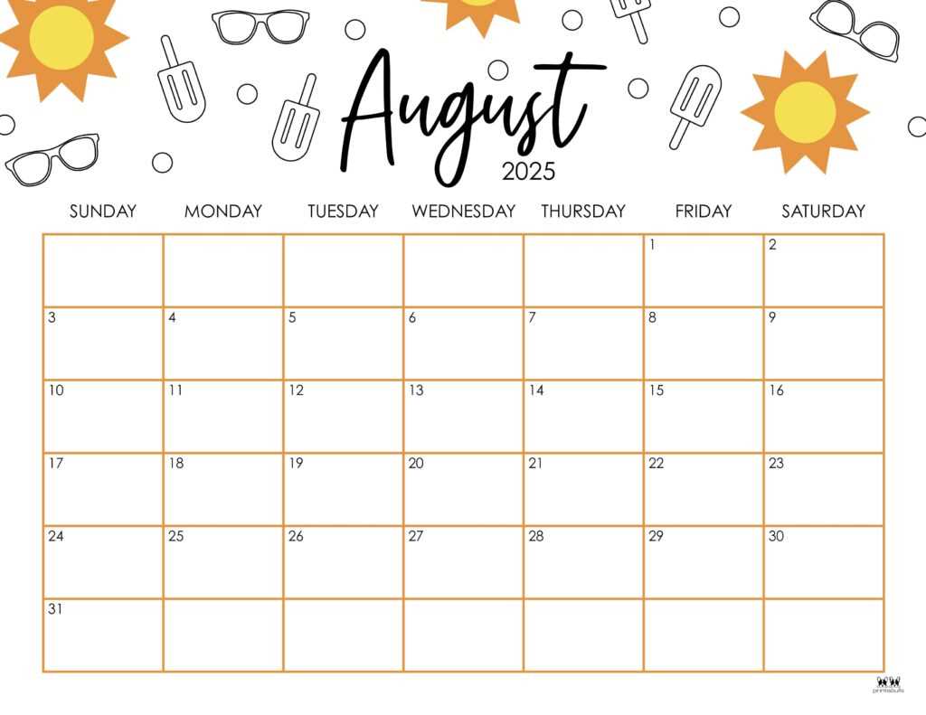 free template of august 2025 calendar
