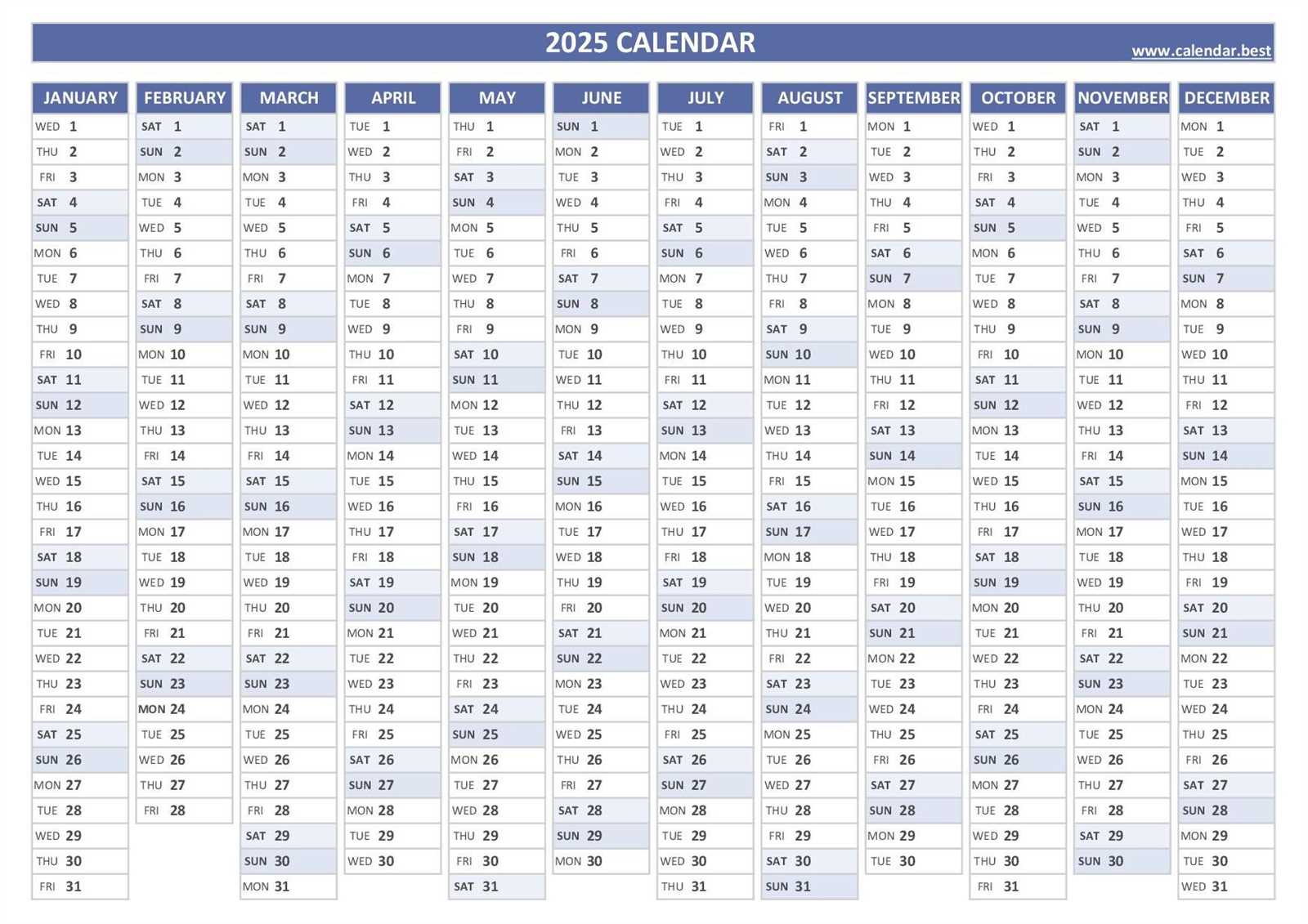 full year calendar template 2025