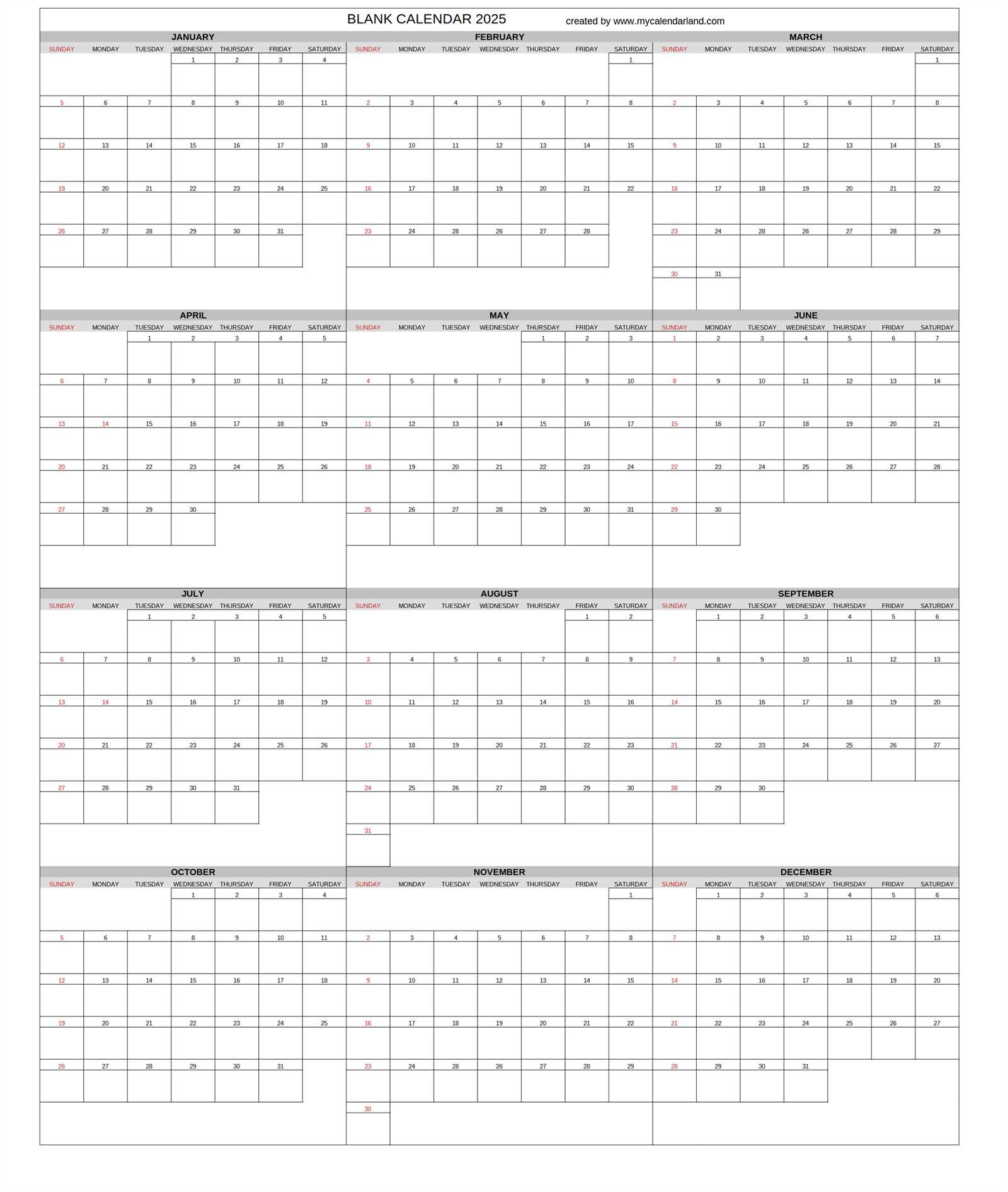 full year calendar template