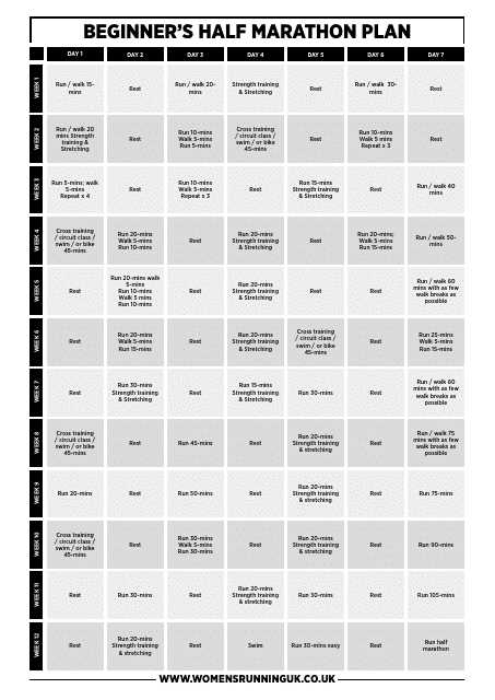 half marathon training calendar template