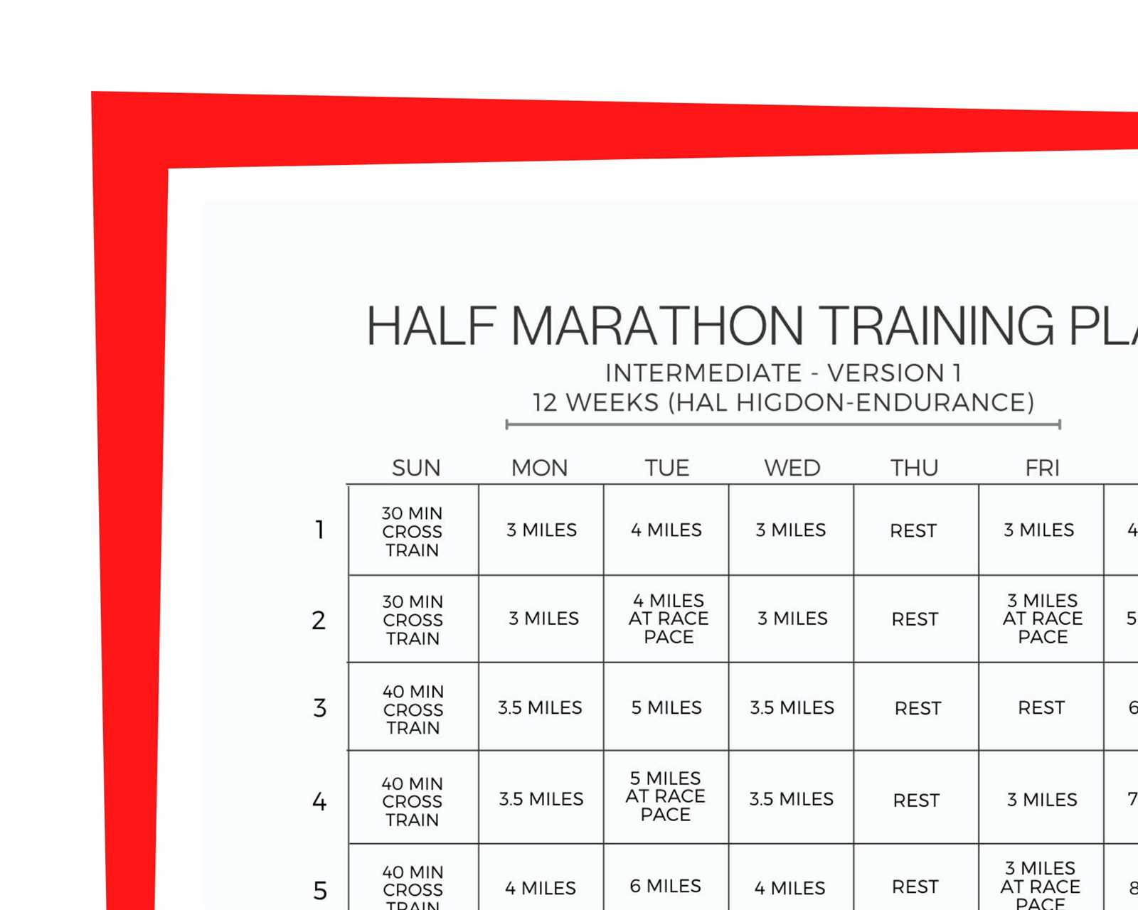 half marathon training calendar template