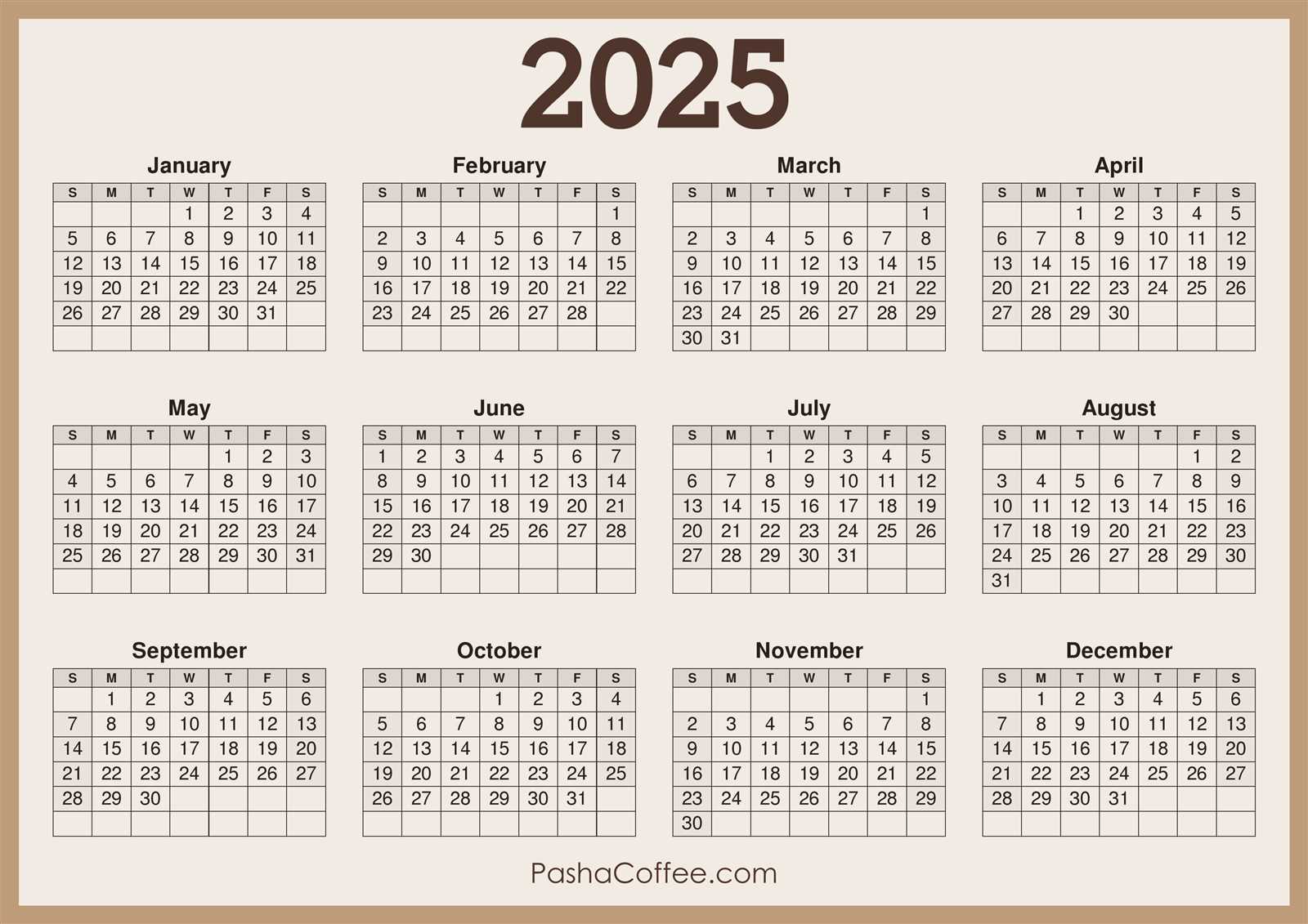 horizontal calendar template 2025