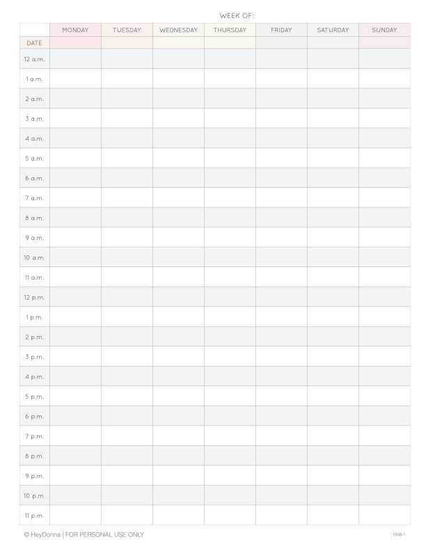 hourly weekly calendar template