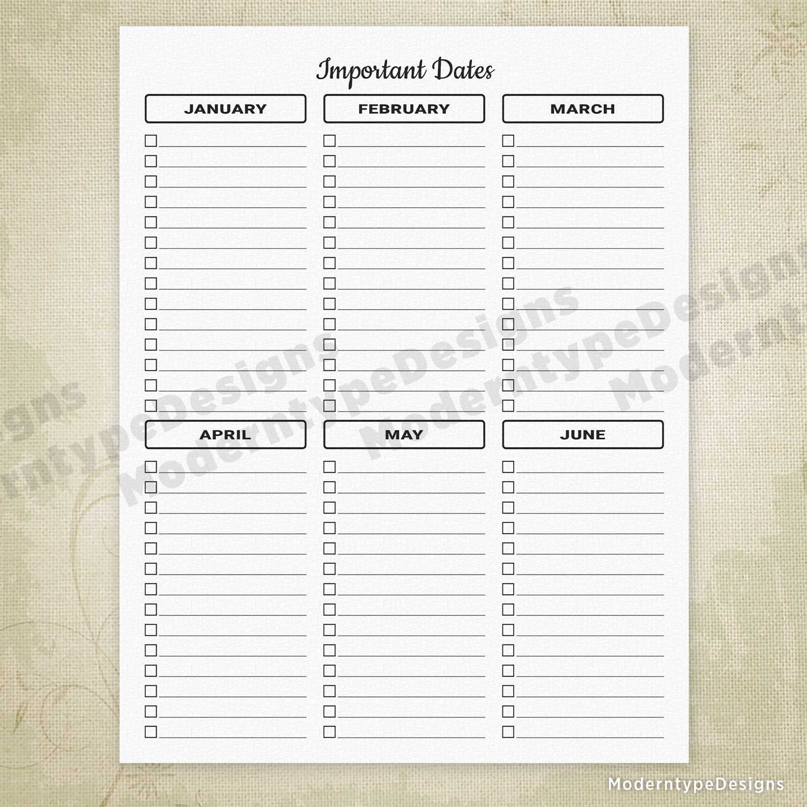 important dates calendar template