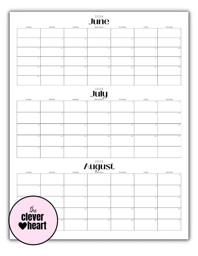 july and august calendar template