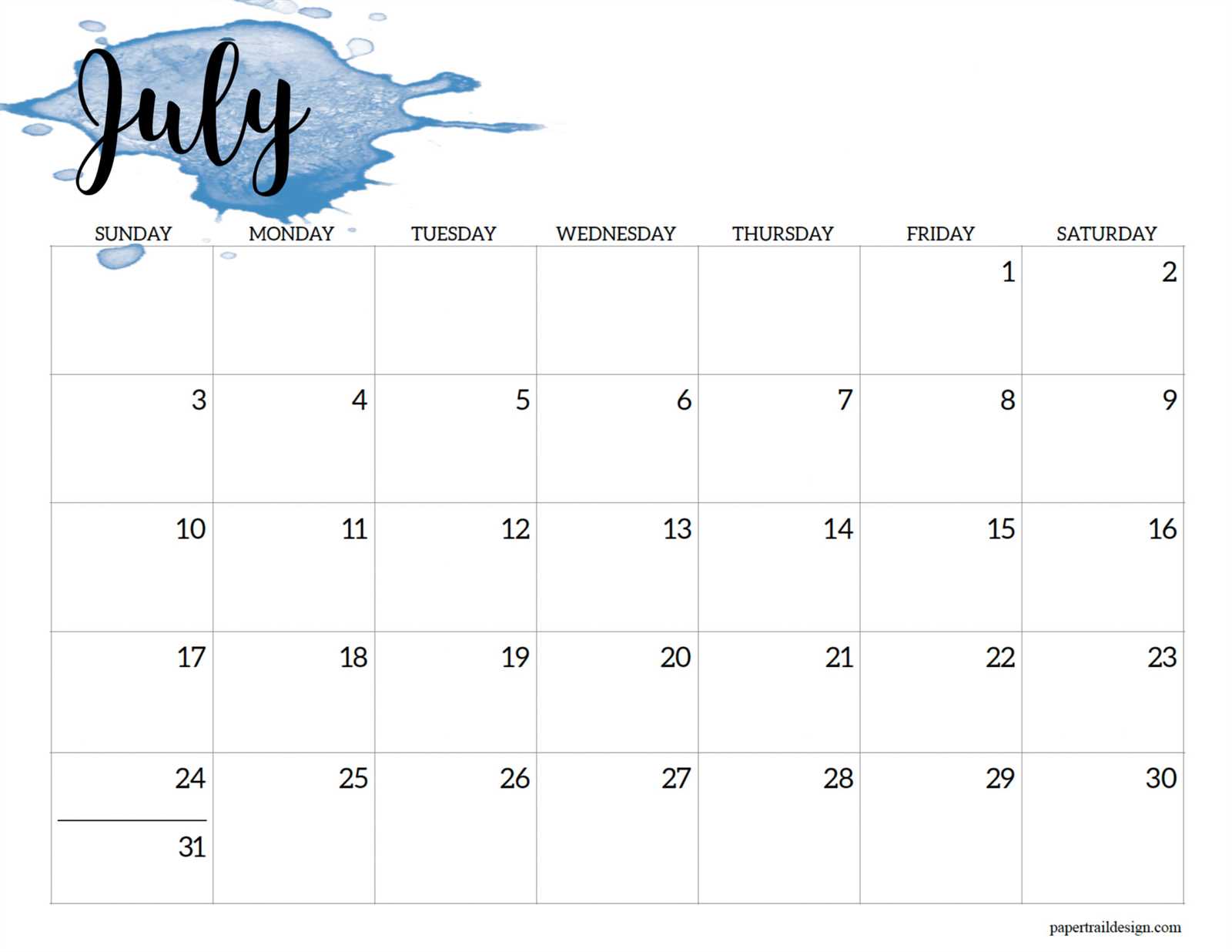 july monthly calendar template