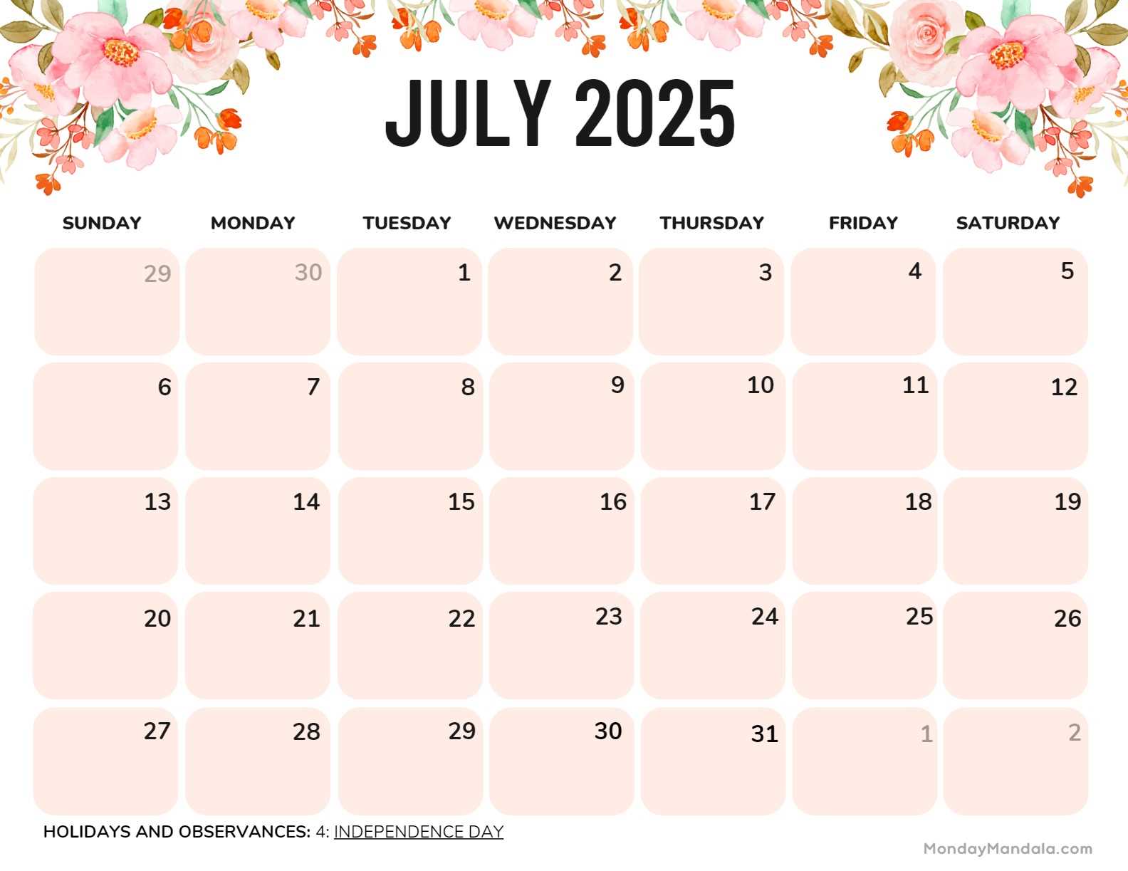 july template calendar 2026