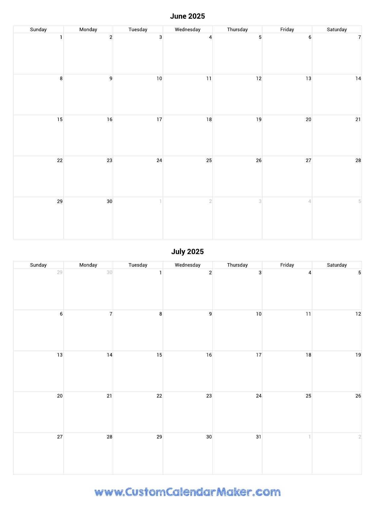 june and july 2025 calendar template