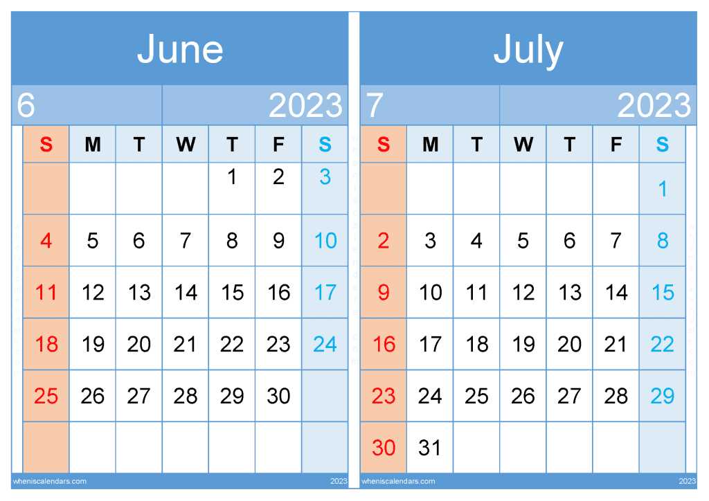 june and july calendar template