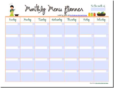 menu planner calendar template