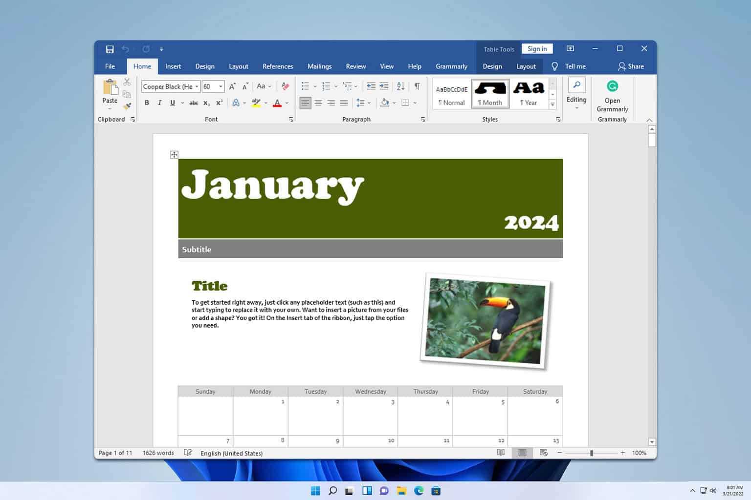 microsoft 365 calendar template