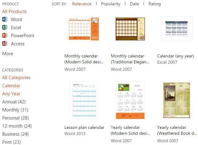 microsoft office calendar template