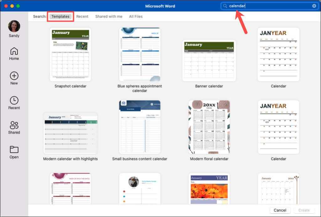 microsoft template calendar