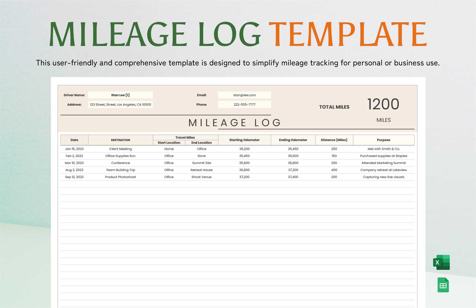 mileage calendar template