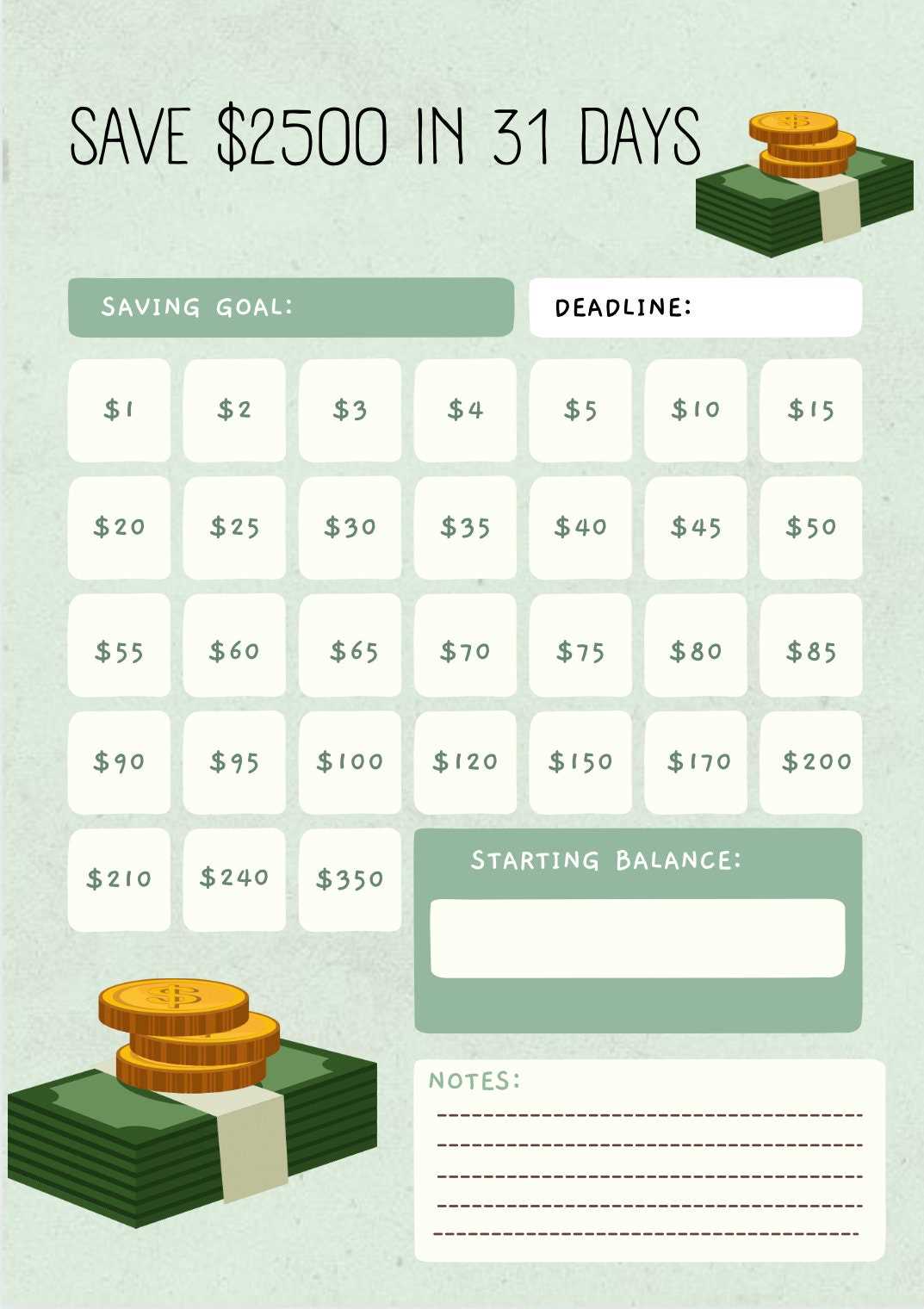 money saving calendar template