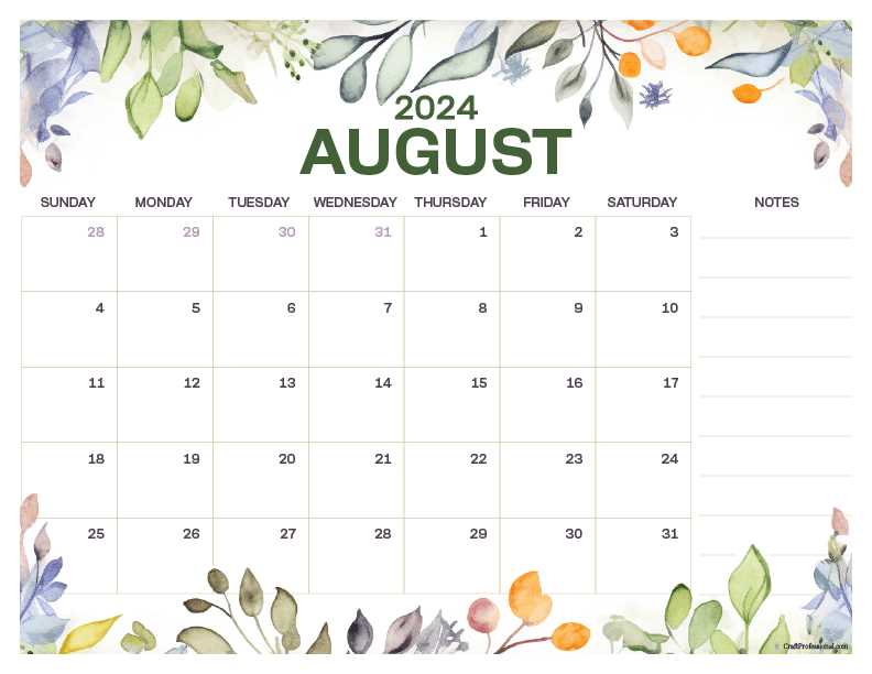 month of august calendar template