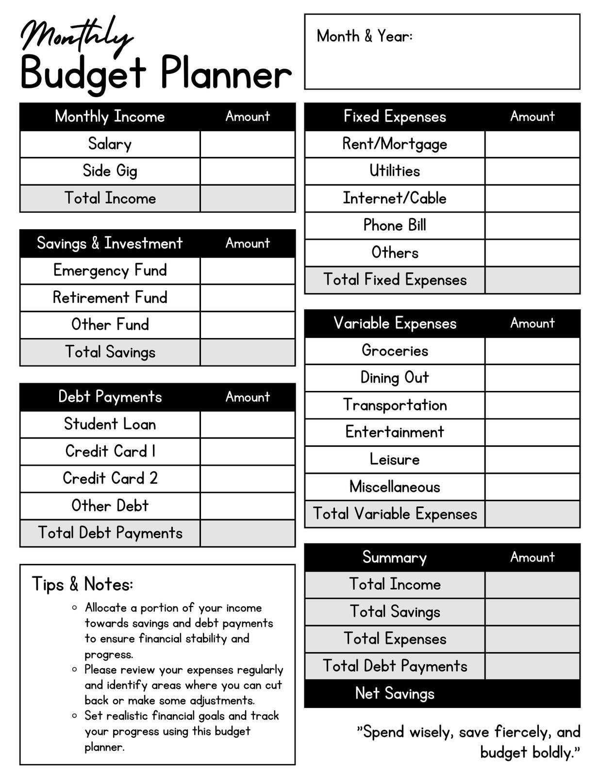 monthly budget calendar template