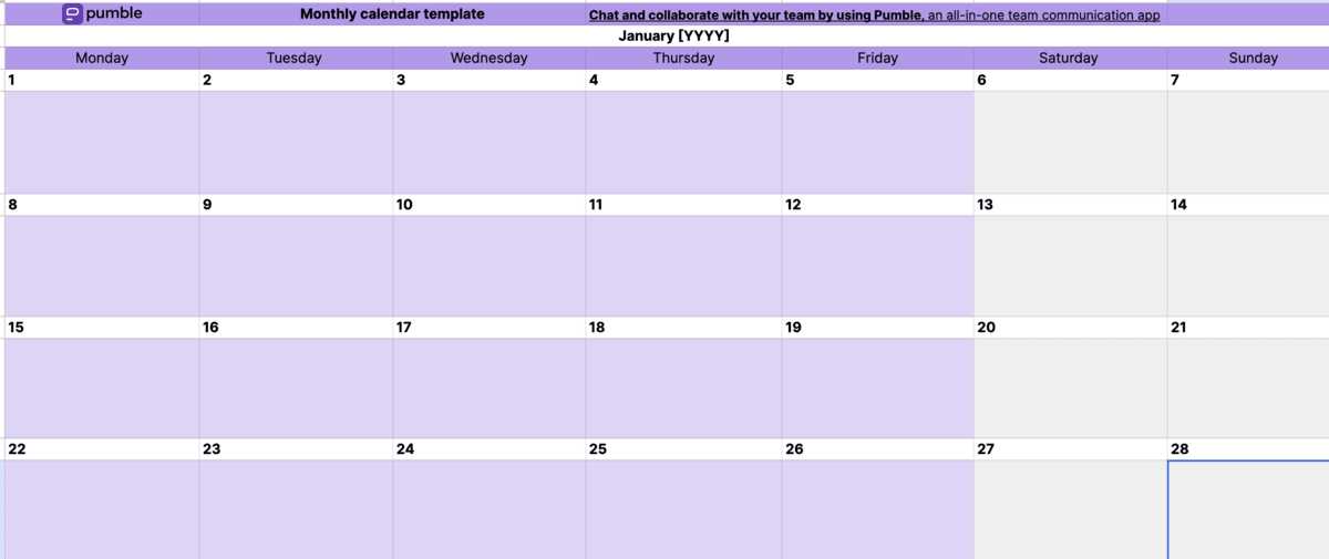 monthly calendar spreadsheet template