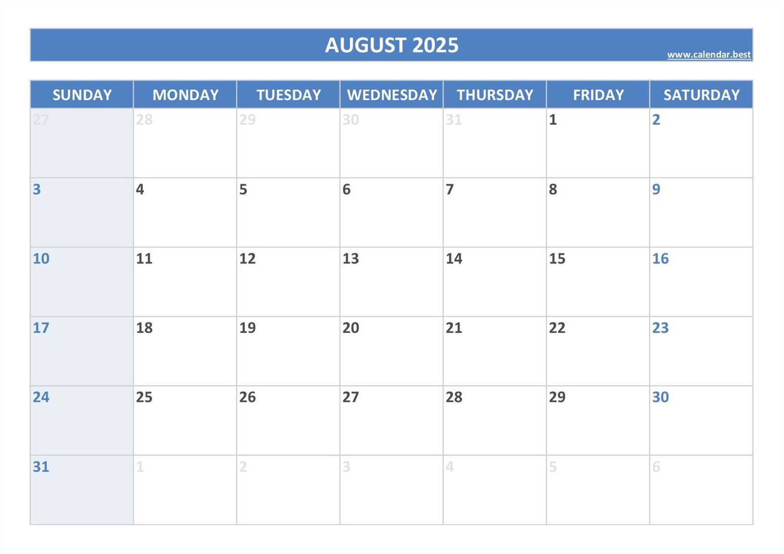 monthly calendar template august 2025